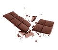 Bar of dark chocolate crushed to pieces in the air, isolated on a white background Royalty Free Stock Photo