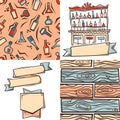 Bar design elements: label, seamless patterns and ribbons