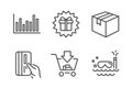 Bar diagram, Payment card and Surprise gift icons set. Shopping, Parcel and Scuba diving signs. Vector