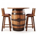 Bar Furniture. Vintage old wooden wine barrel used as a bar table with two barstools. Isolated with clipping path Royalty Free Stock Photo