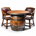 Bar Furniture. Vintage old wooden wine barrel used as a bar table with two barstools. Isolated with clipping path Royalty Free Stock Photo