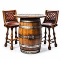 Bar Furniture. Vintage old wooden wine barrel used as a bar table with two barstools. Isolated with clipping path Royalty Free Stock Photo