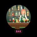 Bar and girl bartender vector round banner