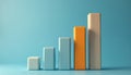 Bar graph shows business metrics average value calculation. Wooden, orange blocks on blue background. Growth chart, diagram of