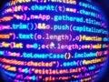 Bar graphs, diagrams, financial figures. Real software development co. Binary and source code malware background. Technology