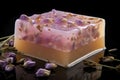 Bar of handmade soap with flowers. Generative ai