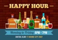 Bar happy hour poster. Alcoholic drinks offer for pub. Bottles and glasses with booze, beer and cocktails. Free alcohol