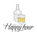 Bar Happy Hour Promotion Sign Design Template Hand Drawn Hipster Sketch With Bottle And Glass Of Whiskey Royalty Free Stock Photo