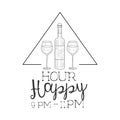 Bar Happy Hour Promotion Sign Design Template Hand Drawn Hipster Sketch With Bottle Of Wine And Two Glasses Royalty Free Stock Photo