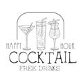 Bar Happy Hour Promotion Sign Design Template Hand Drawn Hipster Sketch With Cocktails Assortment Royalty Free Stock Photo