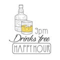 Bar Happy Hour Promotion Sign Design Template Hand Drawn Hipster Sketch With Whiskey Bottle And Glass Royalty Free Stock Photo