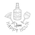 Bar Happy Hour Promotion Sign Design Template Hand Drawn Hipster Sketch With Whiskey Bottle, Martini And Wine Glasses Royalty Free Stock Photo