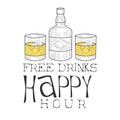 Bar Happy Hour Promotion Sign Design Template Hand Drawn Hipster Sketch With Whiskey Bottle And Two Glasses Royalty Free Stock Photo
