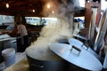 Bar Harbor, Maine, 06-30-2015 steaming pots at food stand with fresh seafood Royalty Free Stock Photo