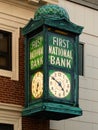 Low angle view of vintage 1929 First National Bank green chime clock at 102 Main Street