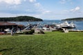 Bar Harbor pier with tourists and blue sky