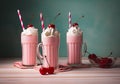 milkshake drink pink beverage sweet cocktail glass ice retro cream. Generative AI. Royalty Free Stock Photo