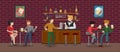 Bar interior room in building with brown brick wall. People having fun, sitting on high bar stools and drinking beer. The Royalty Free Stock Photo