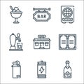 bar line icons. linear set. quality vector line set such as champagne, energy drink, lighter, menu, bar, beer tap, loud speaker,