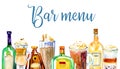 Bar menu cover design template. Glass alcohol bottles and coffee drinks in a row. Watercolor hand drawn sketch illustration