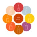 Bar menu icons. Bottle of vodka, red wine, champagne, whiskey, liquor, beer, tequila, martini, rum in form of thin lines. Isolated Royalty Free Stock Photo