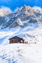 Bar at middle station of Cable Car Telepherique Aiguille du Midi and mountains panorama Chamonix, France. Royalty Free Stock Photo