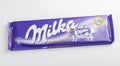 Bar of Milka chocolate isolated on white background