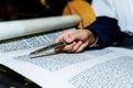 Bar Mitzvah celebrations, ceremonial reading from the Jewish religious book Torah. Royalty Free Stock Photo