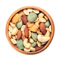 Bar mix, crunchy roasted and salted, spicy nuts, in a wooden bowl Royalty Free Stock Photo