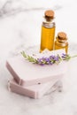 Bar of natural aromatherapy soap with fresh lavender and essential oil Royalty Free Stock Photo