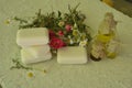 Bar of natural handmade soap and chamomile