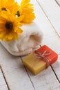 Bar of natural handmade soap on table. Spa concept. Royalty Free Stock Photo