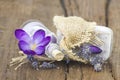 Bar of natural soap, bath salt, dried lavender and crocus Royalty Free Stock Photo