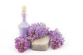 Bar of natural soap, bath salt and lilac flowers Royalty Free Stock Photo