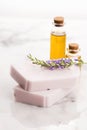 Bar of natural soap with fresh lavender and essential oil Royalty Free Stock Photo