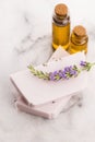 Bar of natural soap with fresh lavender and essential oil Royalty Free Stock Photo