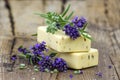 Bar of natural soap and lavender flowers Royalty Free Stock Photo