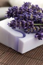 Bar of natural soap and lavender flowers Royalty Free Stock Photo