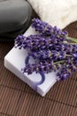 Bar of natural soap and lavender flowers Royalty Free Stock Photo