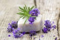 Bar of natural soap and lavender flowers Royalty Free Stock Photo