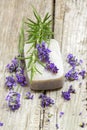 Bar of natural soap and lavender flowers Royalty Free Stock Photo