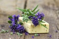 Bar of natural soap and lavender flowers Royalty Free Stock Photo