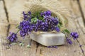 Bar of natural soap and lavender flowers Royalty Free Stock Photo