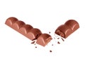 Bar of porous milk chocolate is broken into two parts close up in the air