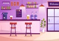 Bar Or Pub At Evening With Alcohol Drinks Bottles, Bartender, Table, Interior And Chairs In Indoor Room In Illustration