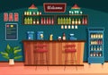 Bar Or Pub At Evening With Alcohol Drinks Bottles, Bartender, Table, Interior And Chairs In Indoor Room In Illustration