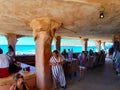 The bar restaurant and bazaar in cala comte nestled in the cliff rock Royalty Free Stock Photo