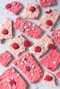 Bar of ruby or pink chocolate flat lay