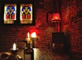 Bar scene, lustres in red and glass stained window Royalty Free Stock Photo