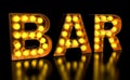 Bar signboard from golden light bulb letters, retro glowing font. 3D rendering